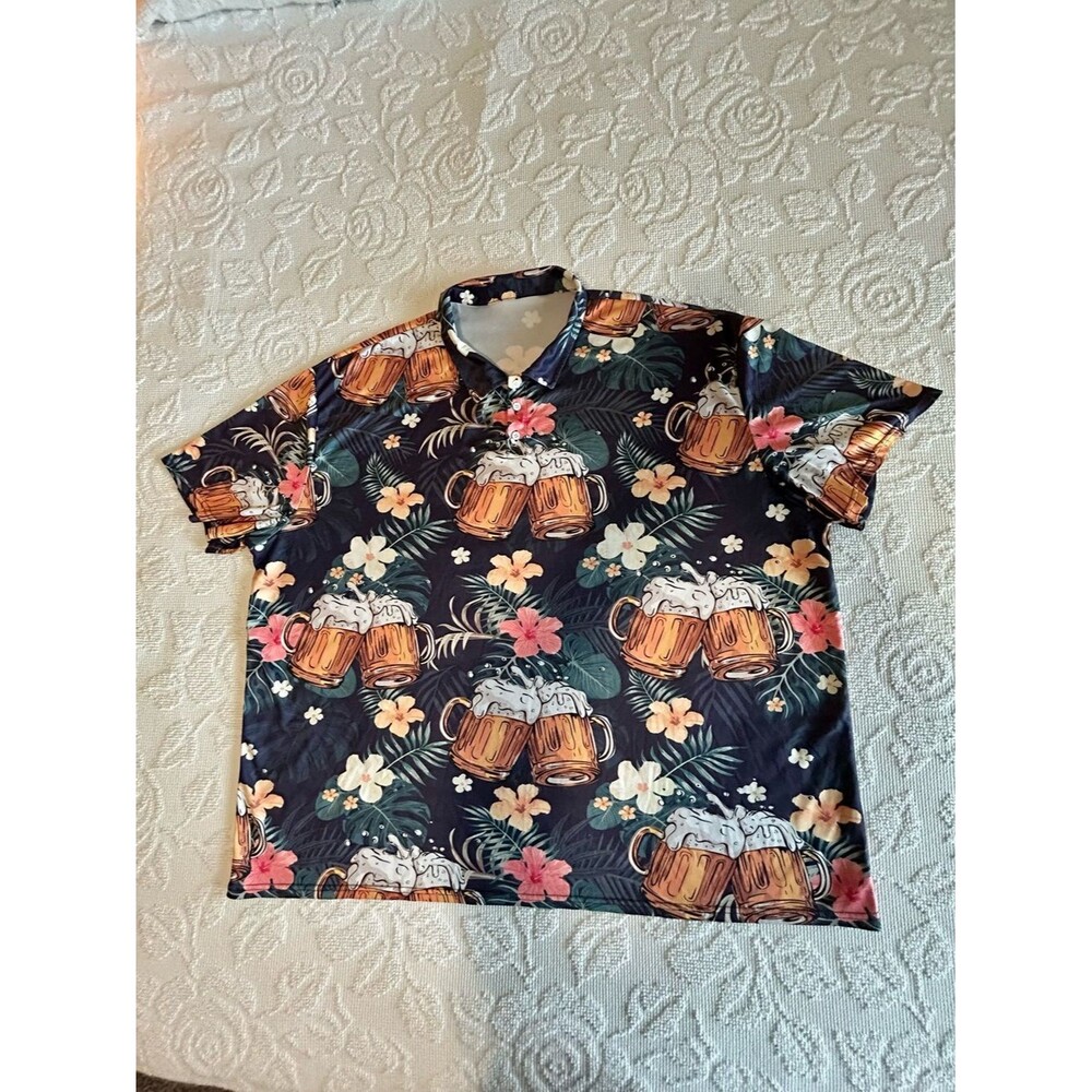 Mens 6XL Hawaiian Beer Mug Polo Shirt Tropical Novelty Big Tall